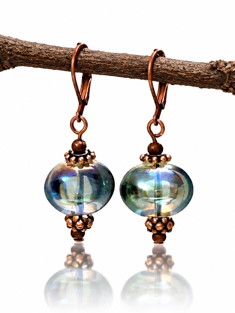 Iridescent Czech Glass Earrings • Antique Copper • Boho Dangle • Artisan Style